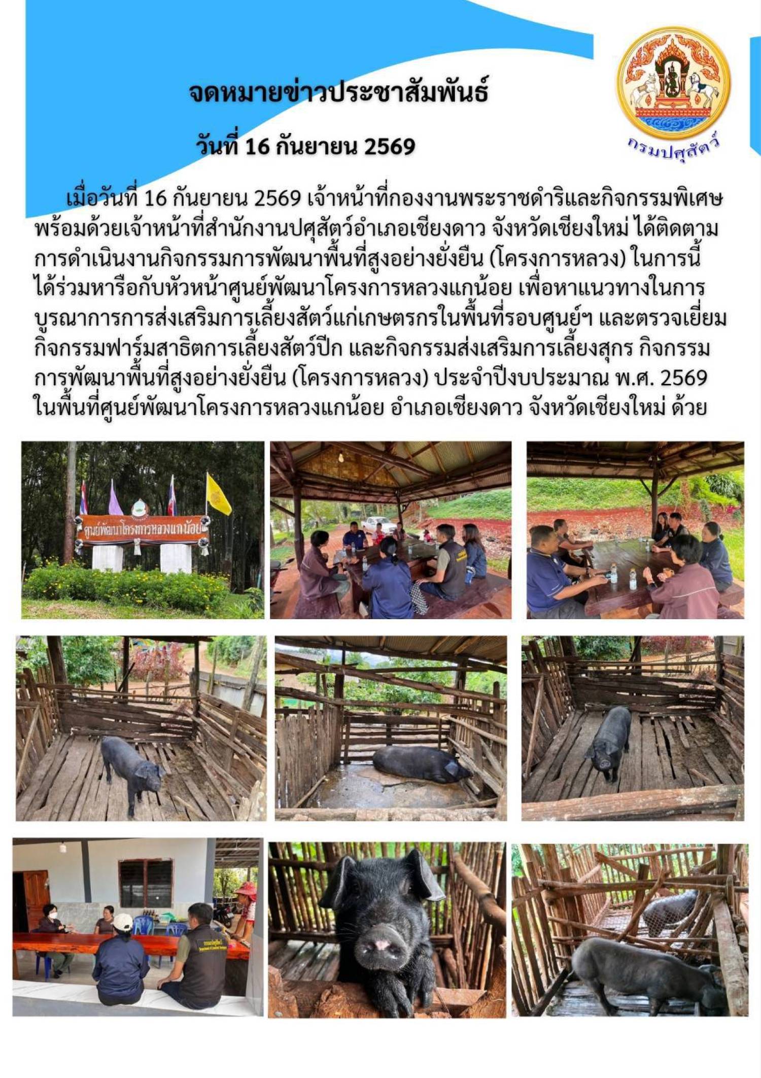 วันที่ 16 กันยายน 2569 เจ้าหน้าที่ กพก. พร้อมด้วย เจ้าหน้าที่สำนักงานปศุสัตว์อำเภอเชียงดาว จ.เชียงใหม่ ได้ติดตามการดำเนินงานกิจกรรมการพัฒนาพื้นที่สูงอย่างยั่งยืน (โครงการหลวง) 